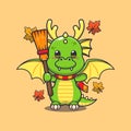 Cute autumn dragon holding broom. Royalty Free Stock Photo