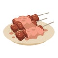 Brochette or suya vector illustration, sate or beef satay skewers with peanut sauce,