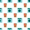 Seamless Pattern with Laundry Tools Elements. Washing machine, laundry basket with clothes. Vector Flat illustration. Royalty Free Stock Photo