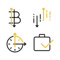 Bitcoin. Balance, growth and fall, analysis. Line icons. Vector file.