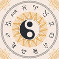 circle of Zodiac signs with hand-drawn yin yang oriental symbol. Royalty Free Stock Photo