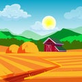 Farm barn house on yellow wheat field, summer scenery landscape with blue sky. Royalty Free Stock Photo