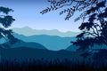 Vector illustration, Landscape view with sunset, sunrise, the sky, clouds, mountain peaks, and forest. Royalty Free Stock Photo