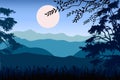 Vector illustration, Landscape view with sunset, sunrise, the sky, clouds, mountain peaks, and forest. Royalty Free Stock Photo