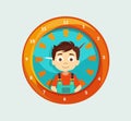 Learning the time. Boy on the face of big orange clock. Concept about child learning how to read analog time.