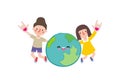 Earth day, cute kids save the world, world environment day, on white background vecter illustration flat style.