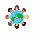 Earth day, children holding hands in circle around the world, cute kids save the world, world environment day Royalty Free Stock Photo