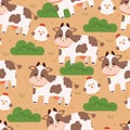 seamless pattern cartoon cow with chicken and plant
