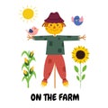 On the farm print with a cute scarecrow and birds. Funny farm background Royalty Free Stock Photo