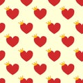 Repeated Red Hearts with crowns drawn by hand. Cute seamless pattern for girls. Royalty Free Stock Photo