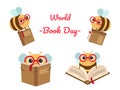 Conceptual illustration for world book day. Set with very smart bee reading books Royalty Free Stock Photo