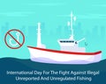 illustration vector graphic of fishing vessel at sea, displaying a sign prohibiting fishing