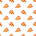 Pizza slice with pepperoni seamless pattern. Italian food background. Simple doodle, hand drawn kitchen wallpaper