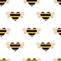 Vector cute cartoon seamless pattern with stripes bee heart on wings. Funny beekeeping background. Vector flat illustration. Royalty Free Stock Photo