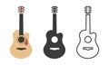 Acoustic guitar icon in different styles. Colored, black icon, line icon. Guitar icon pictogram in flat, silhouette, linear style