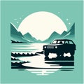 car on the beach with palm silhouettes on background. Summer time themed for poster or card or t-shirt or sticker design. Royalty Free Stock Photo