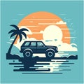 car on the beach with palm silhouettes on background. Summer time themed for poster or card or t-shirt or sticker design. Royalty Free Stock Photo