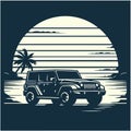 car on the beach with palm silhouettes on background. Summer time themed for poster or card or t-shirt or sticker design. Royalty Free Stock Photo