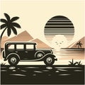 car on the beach with palm silhouettes on background. Summer time themed for poster or card or t-shirt or sticker design. Royalty Free Stock Photo
