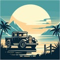 car on the beach with palm silhouettes on background. Summer time themed for poster or card or t-shirt or sticker design. Royalty Free Stock Photo