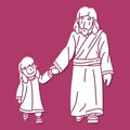 Jesus Walked Holding the Hand of a Little Girl Filled with Warmth Love and Peace Follow Jesus Cartoon Graphic Vector Royalty Free Stock Photo