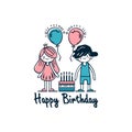 Vector illustration of happy birthday card with two children and balloons Royalty Free Stock Photo