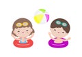 Cute kids wearing float rings on inflatable playing ball in Pool party, cartoon charact flat style vector illustration