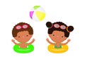 Cute kids wearing float rings on inflatable playing ball in Pool party, cartoon charact flat style vector illustration