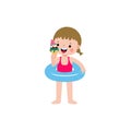 Cute kid wearing float ring and eating ice cream in Pool party, cartoon character flat style vector illustration Royalty Free Stock Photo
