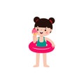 Cute kid wearing float ring and eating ice cream in Pool party, cartoon character flat style vector illustration Royalty Free Stock Photo