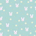 Pattern of bunny, daisy flowers on pastel green background for floral print, easter pattern, kid clothes, animal, garden, picnic Royalty Free Stock Photo
