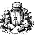 A black and white drawing of a salt shaker and salt scoops Royalty Free Stock Photo