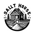 Monochrome vector logo depicting a quaint house with a salt pile in the foreground, surrounded by trees Royalty Free Stock Photo