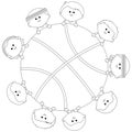 Children basketball team. Boys basketball players athletes and basket sports ball. Vector black and white coloring page. Royalty Free Stock Photo