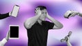 Man stressed out overwhelmed by work and technology collage concept Royalty Free Stock Photo