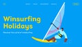 Happy male windsurfing, standing on a sail board. Outdoor water sport activities. Modern flat vector illustration. Royalty Free Stock Photo