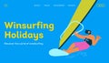 Happy male windsurfing, standing on a sail board. Outdoor water sport activities. Modern flat vector illustration. Royalty Free Stock Photo
