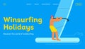 Happy male windsurfing, standing on a sail board. Outdoor water sport activities. Modern flat vector illustration. Royalty Free Stock Photo