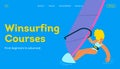 Happy female windsurfing, standing on a sail board. Outdoor water sport activities. Modern flat vector illustration. Royalty Free Stock Photo