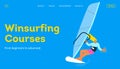 Happy female windsurfing, standing on a sail board. Outdoor water sport activities. Modern flat vector illustration. Royalty Free Stock Photo