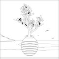 Olive tree growing in a planter pot by the sea under the clear sky. Greek island vacations in the summer. Vector coloring page. Royalty Free Stock Photo