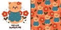 card and pattern of cartoon cat with flowers. cute spring card and wallpaper Royalty Free Stock Photo