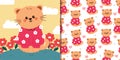card and pattern of cartoon cat with flowers. cute spring card Royalty Free Stock Photo
