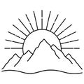 Sune rise outline black and white vector art behind the mountain design. Royalty Free Stock Photo