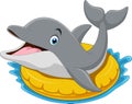 Cartoon happy dolphin on inflatable ring Royalty Free Stock Photo