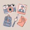 set illustration traveling camera photo watch backpack letter retro illustration Royalty Free Stock Photo