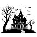 Spooky Vector Halloween Haunted House, Silhouette, Black and White Royalty Free Stock Photo