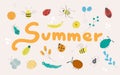 Summer sign with bugs, insects and summer flowers, hand drawn, vintage vibe, children, cute. Royalty Free Stock Photo
