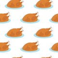 Seamless Pattern with Roasted chicken or turkey on plate. Food element. Vector flat illustration. Royalty Free Stock Photo