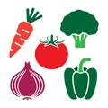 A collection of silhouette vector illustrations featuring five popular vegetables: a carrot, tomato, broccoli, onion Royalty Free Stock Photo